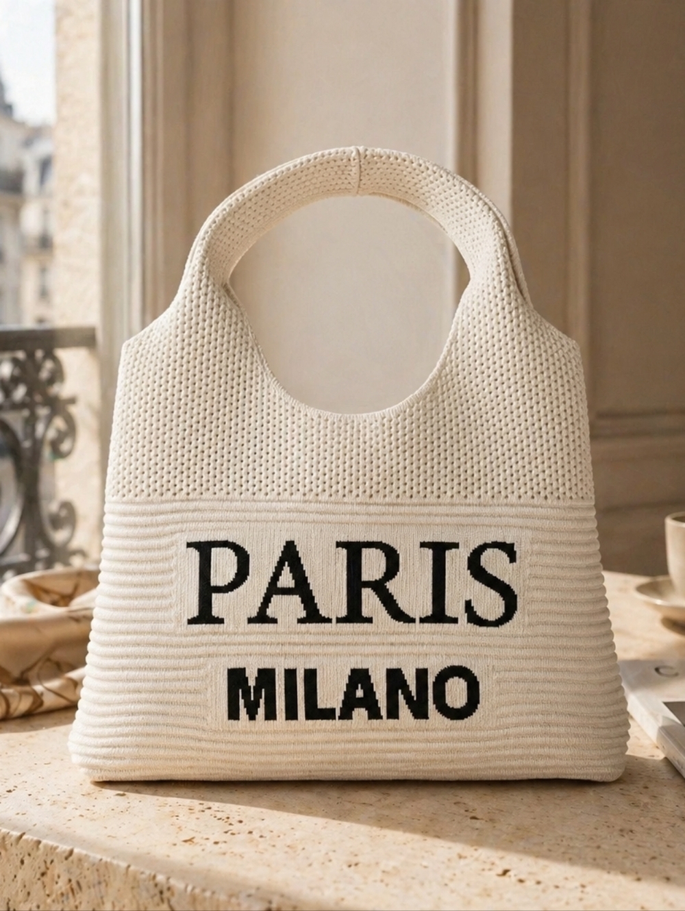 PARIS MILANO Cream Knit Tote Bag